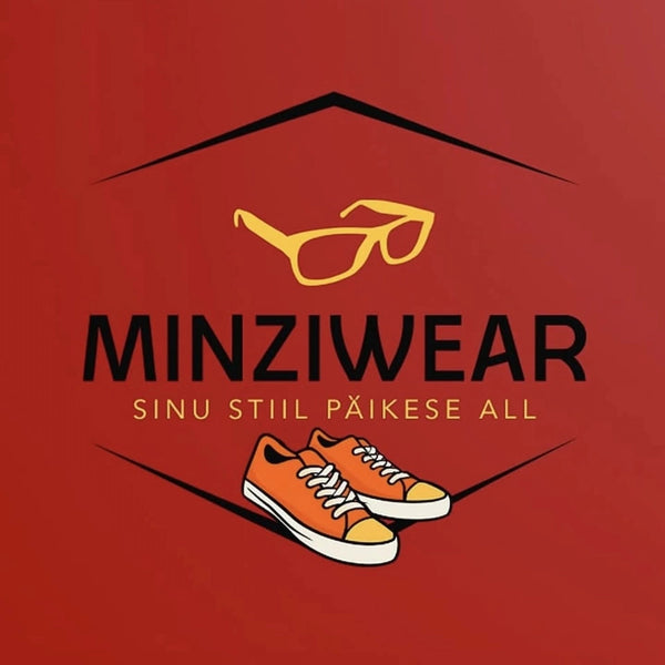 Minziwear logo with orange sneakers and glasses on a red background. Prillid, Päikeseprillid, Päike, Naised, Mehed, Brändid, Püksid, Joped, Jakid. Käekellad. Kotid, Käekotid.