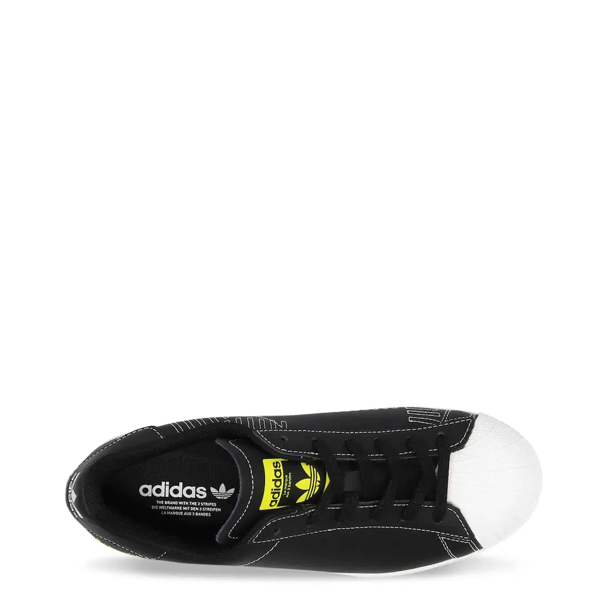 Black Adidas sneaker with white sole on a white background