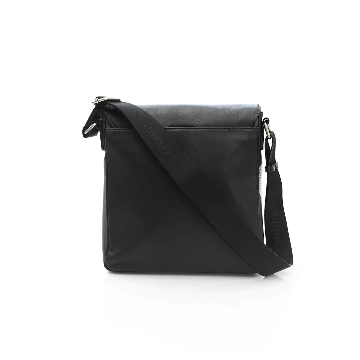 Black leather crossbody bag on a white background