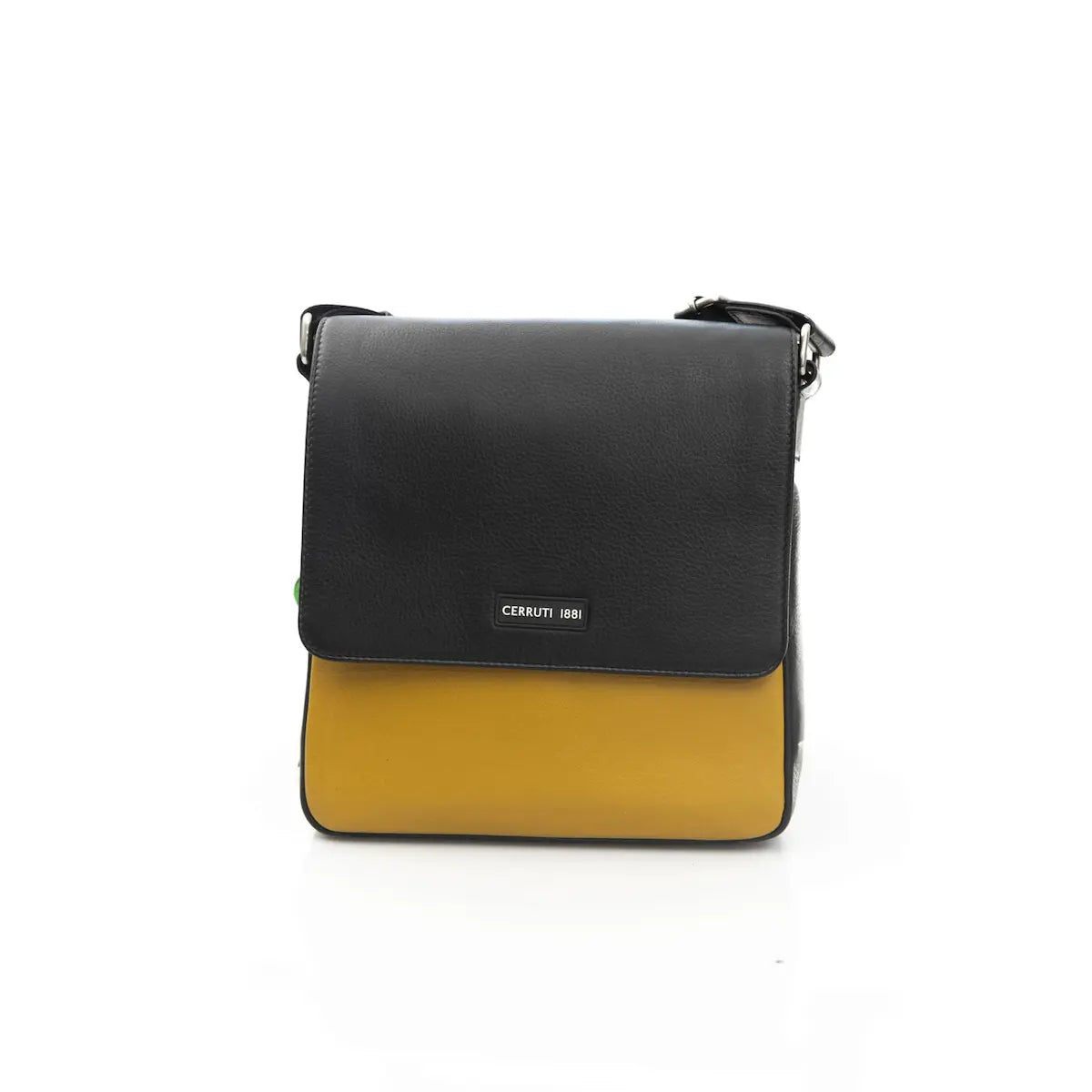 Black and mustard yellow crossbody bag on a white background