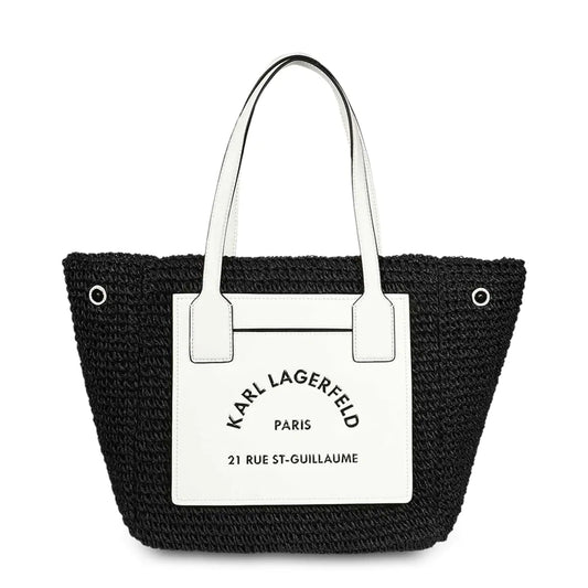 Black woven handbag with white handle and Karl Lagerfeld logo on a white background. must, valge ,naiste