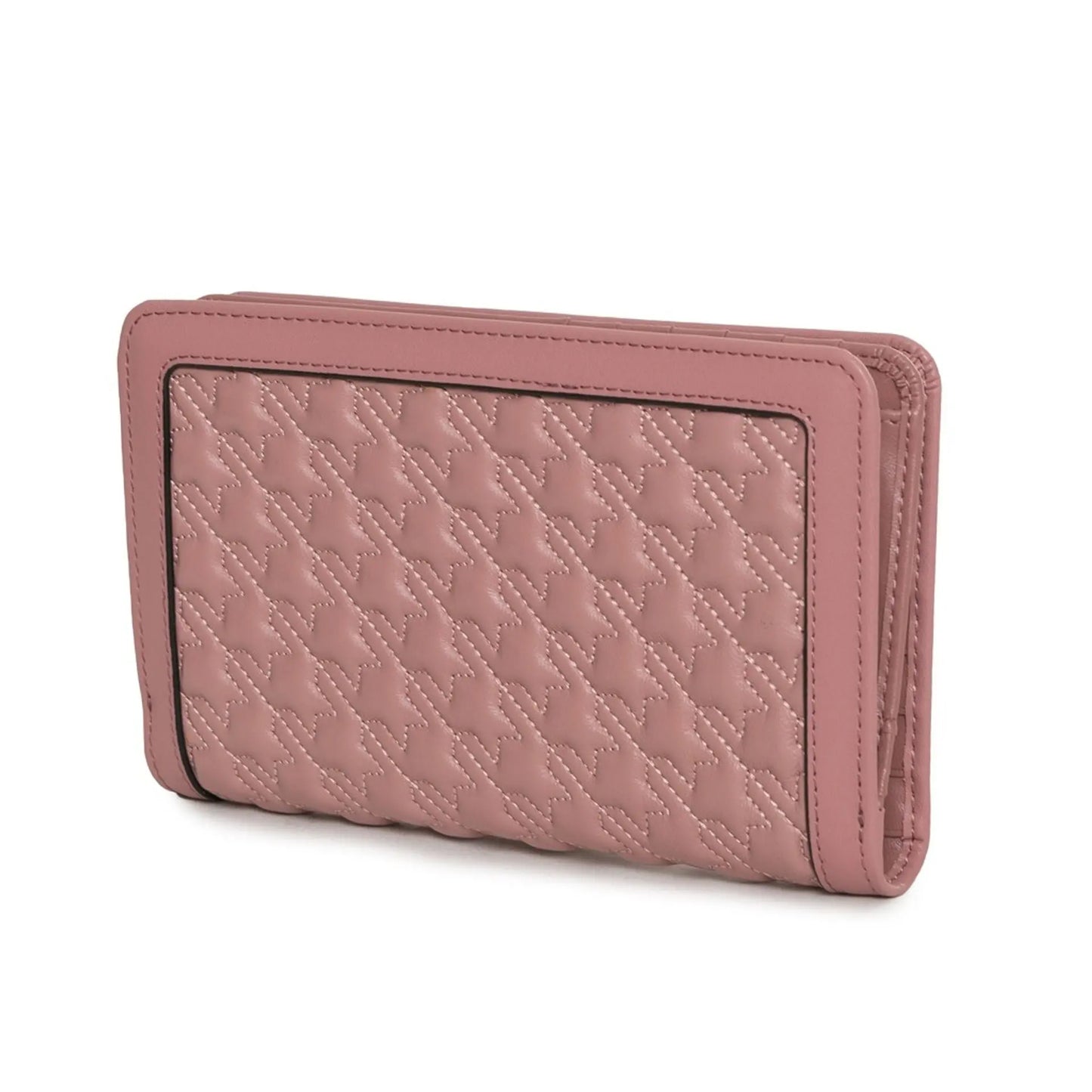 Pink quilted wallet on a white background