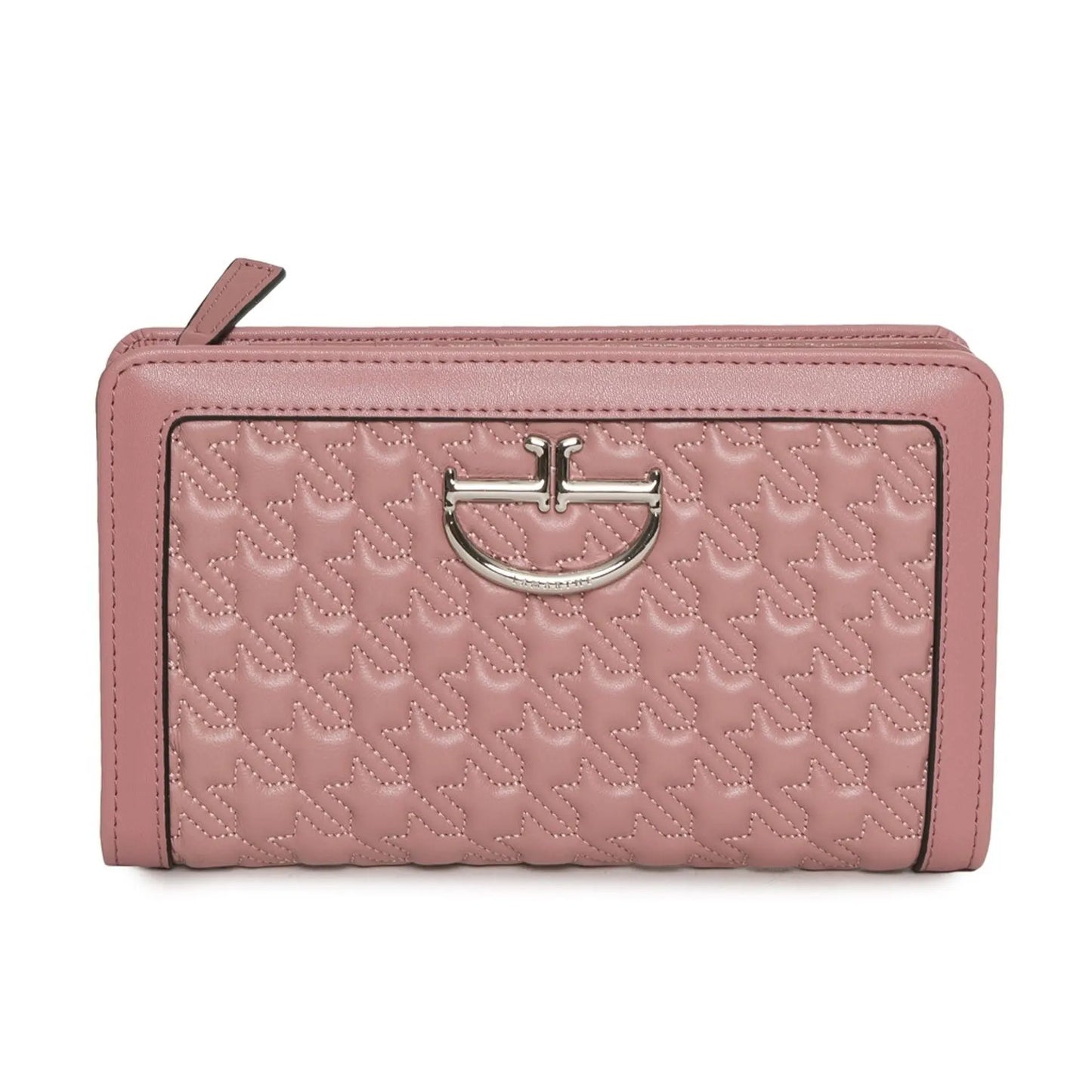 Pink wallet with a silver clasp on a white background