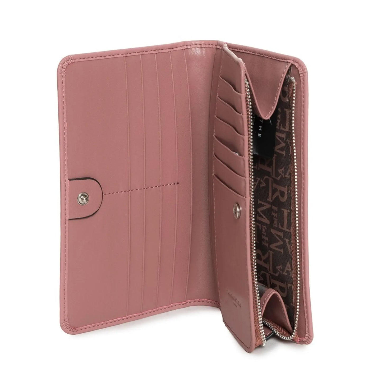 Pink wallet with a zipper on a white background