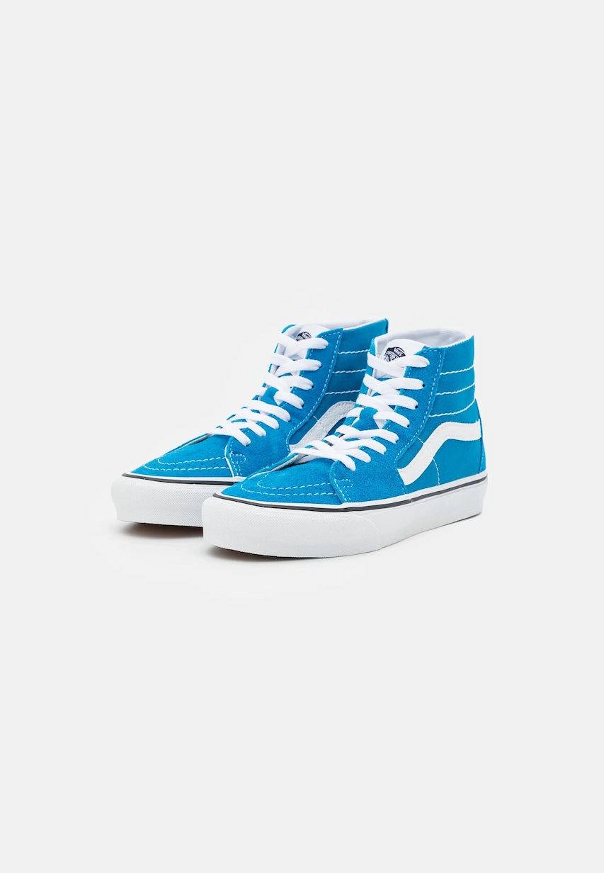 Blue high-top sneakers with white laces on a white background