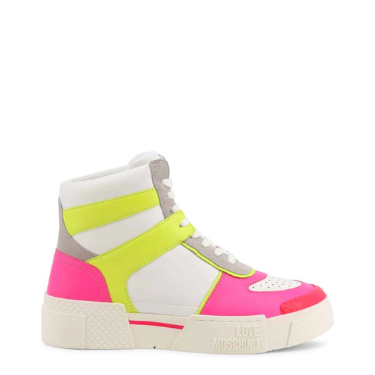 Colorful high-top sneaker with pink, yellow, and white design on a white background
