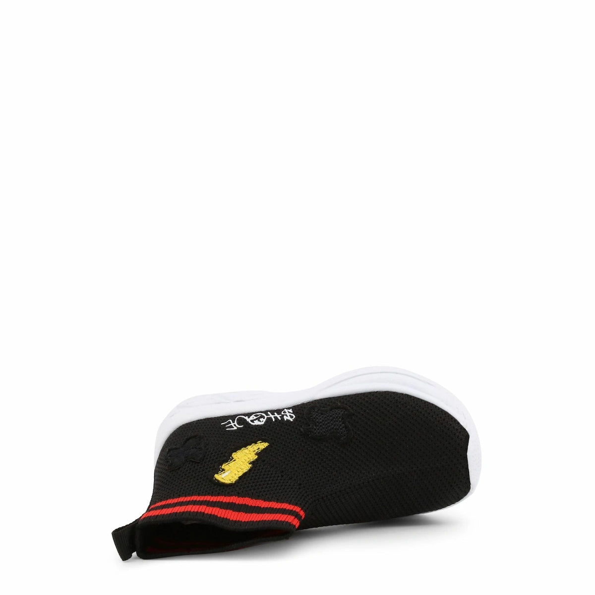 Black sock with red and yellow details on a white background