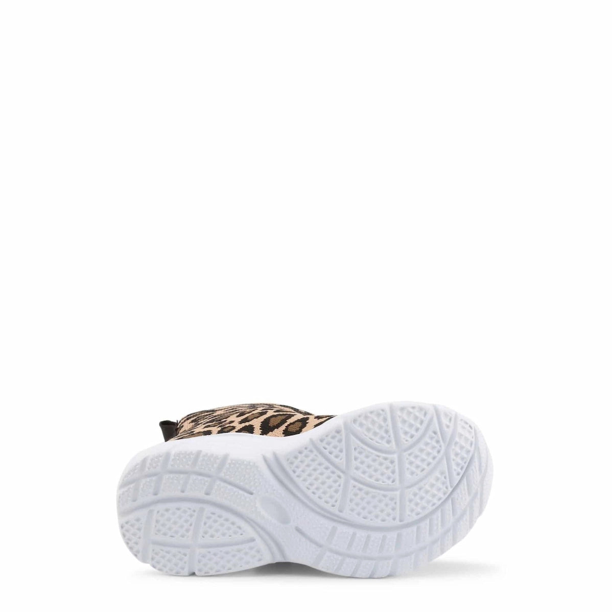 White sneaker with leopard print heel tab on a white background