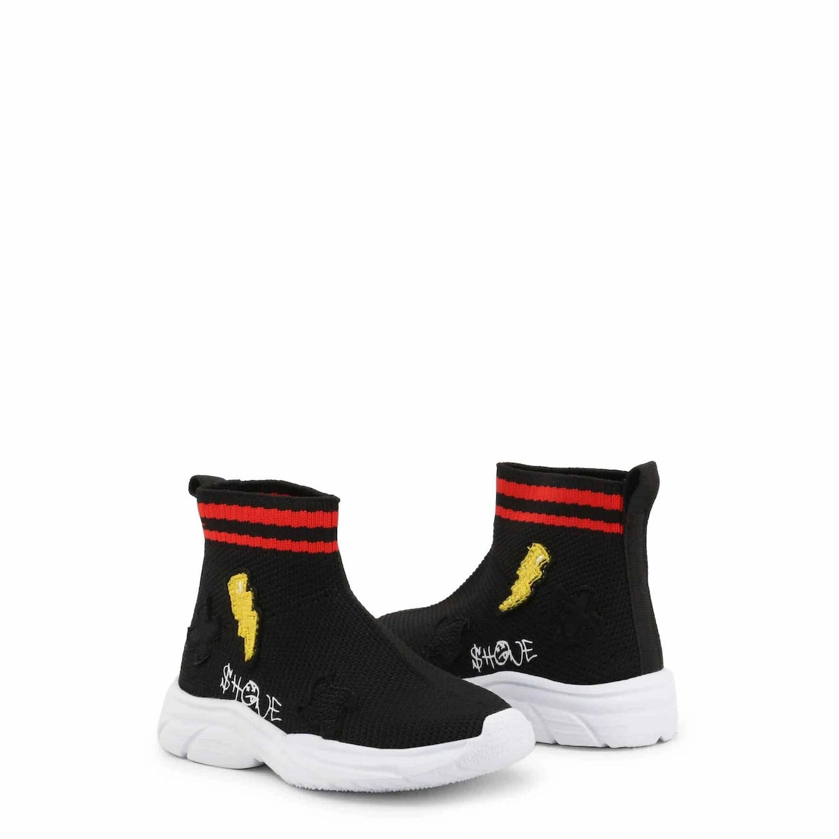 Black high-top sneakers with red stripes and yellow accents on a white background