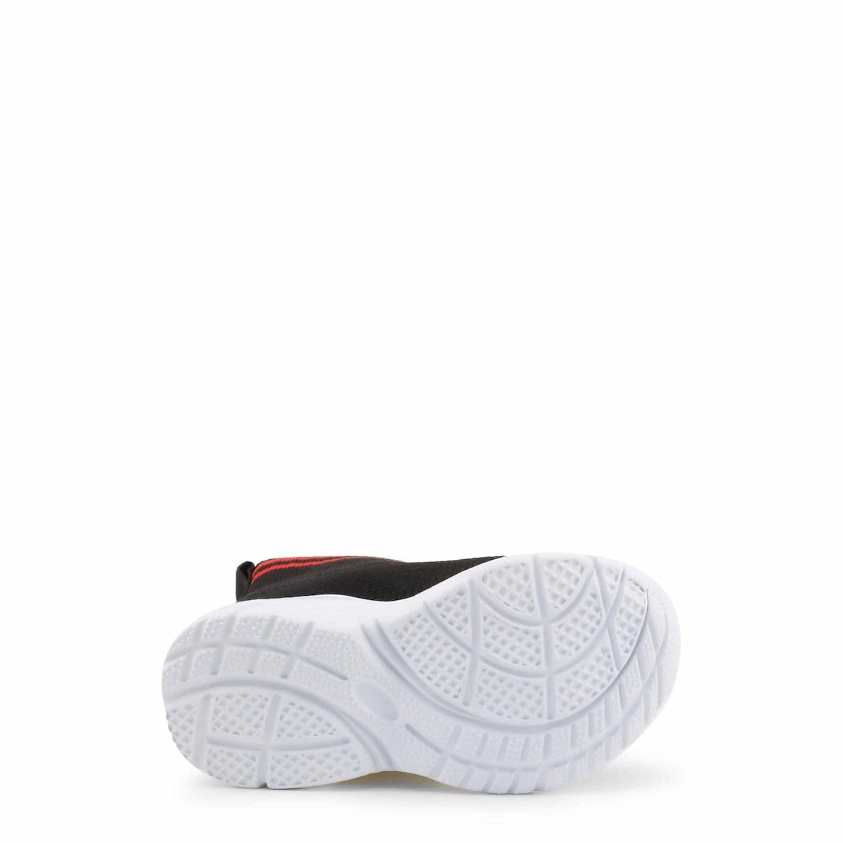 White athletic shoe with black and red accents on a white background