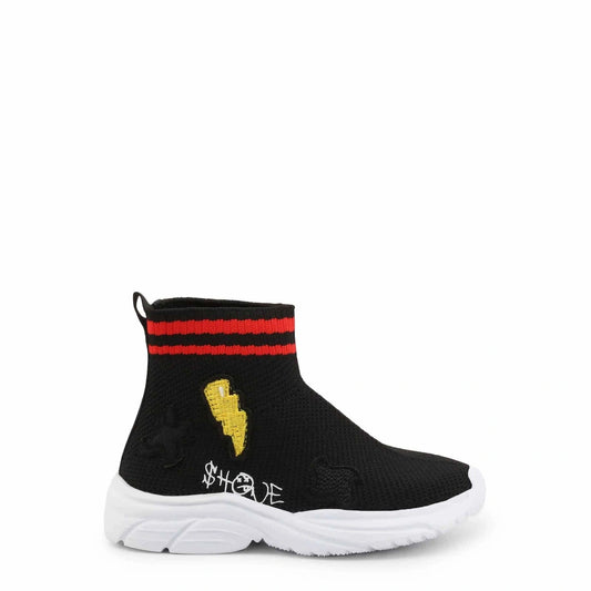 Black sock sneaker with red stripes and yellow lightning bolt on a white background
