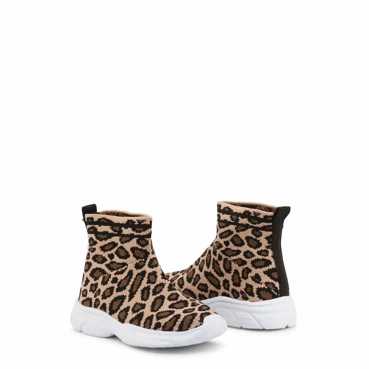 Pair of leopard print ankle boots on a white background